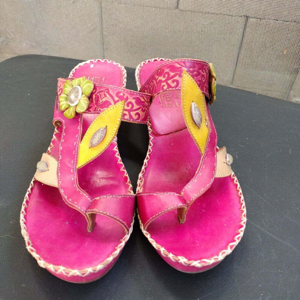 L'Artiste Spring Step Pink Floral Leather Sandals Women's EU 39 US 9 Comfort